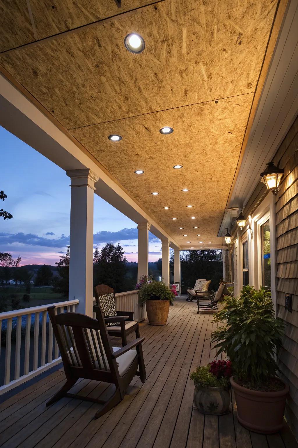 Integrated lighting transforms your porch into a cozy evening retreat.