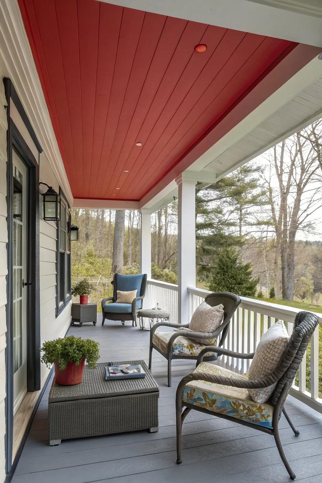 A bold painted plywood ceiling adds a pop of color to your porch.
