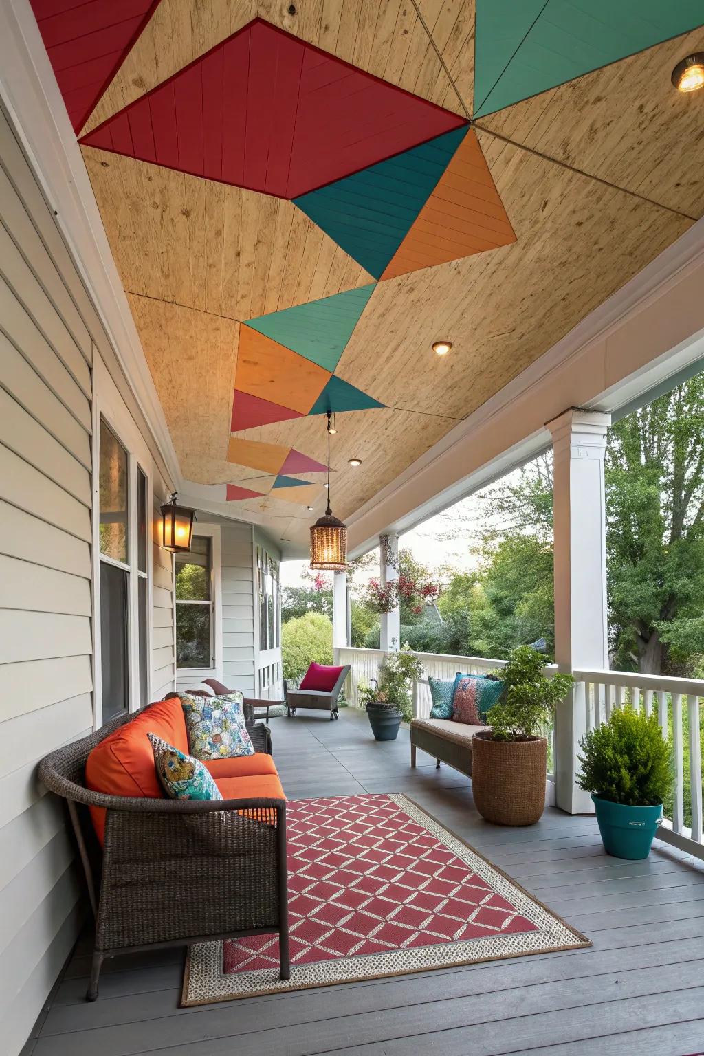 Geometric shapes make for a striking and modern porch ceiling.