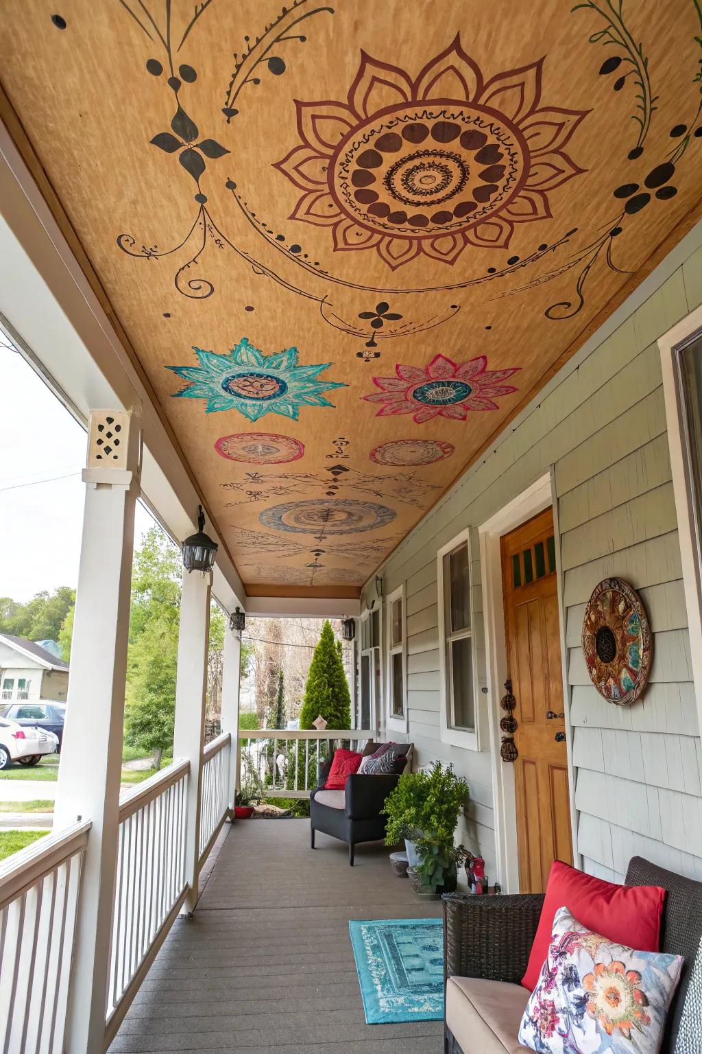 Stenciled designs add a personal and artistic touch to your porch ceiling.