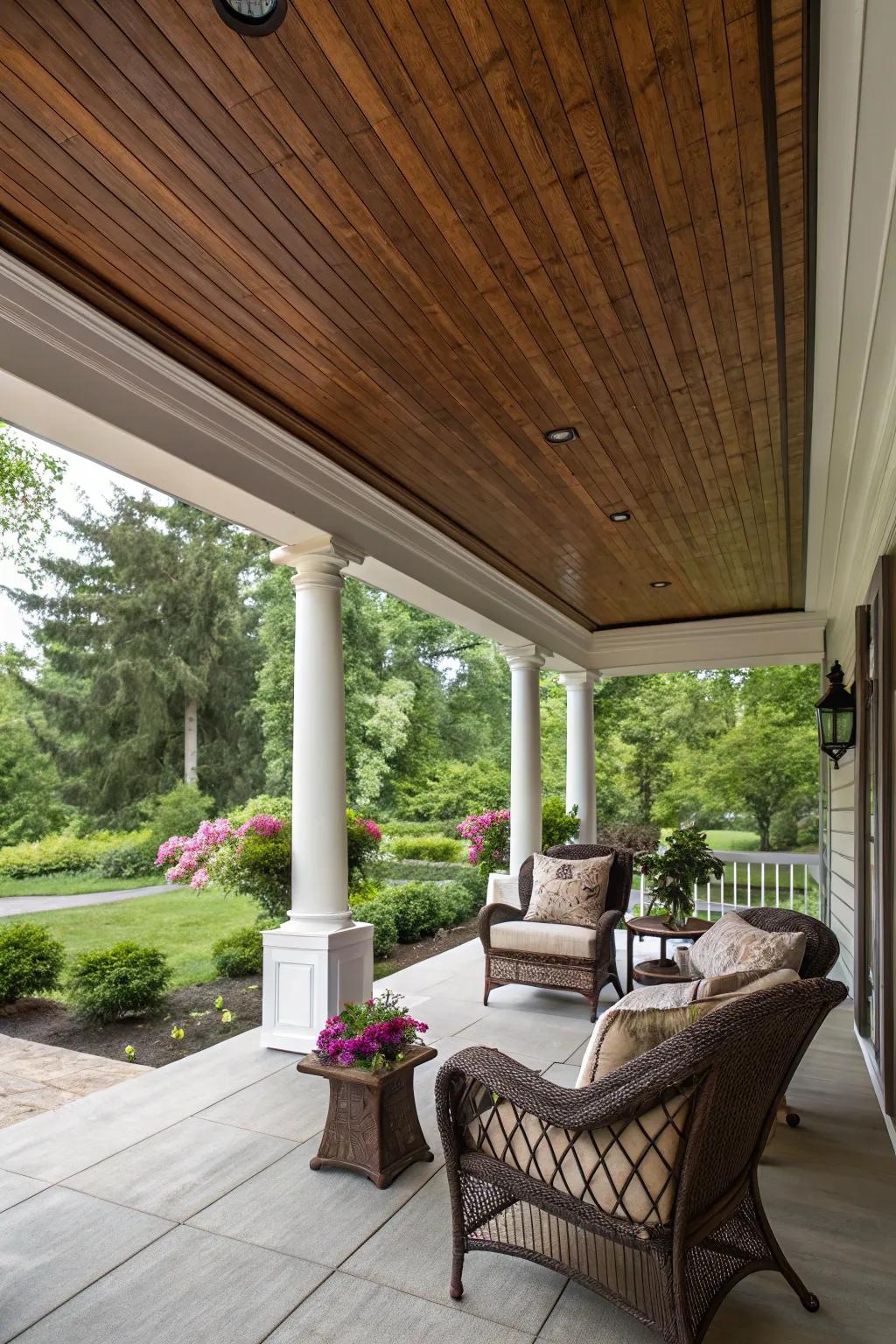 Stained plywood adds elegance and warmth to your porch.
