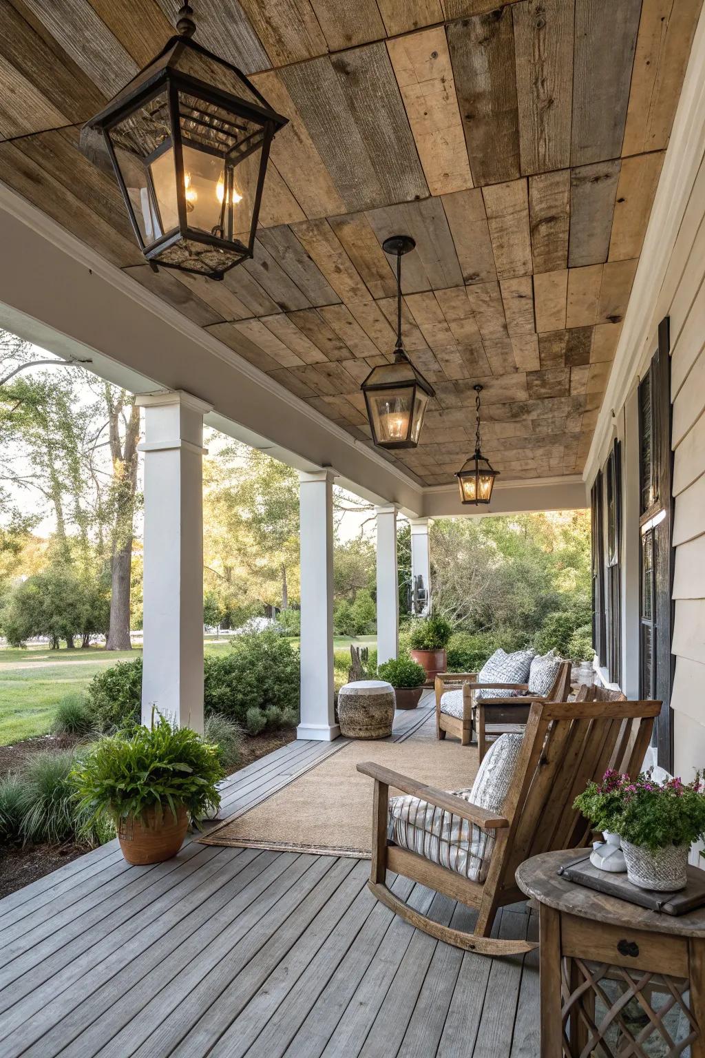 Reclaimed wood adds rustic charm and history to your porch ceiling.