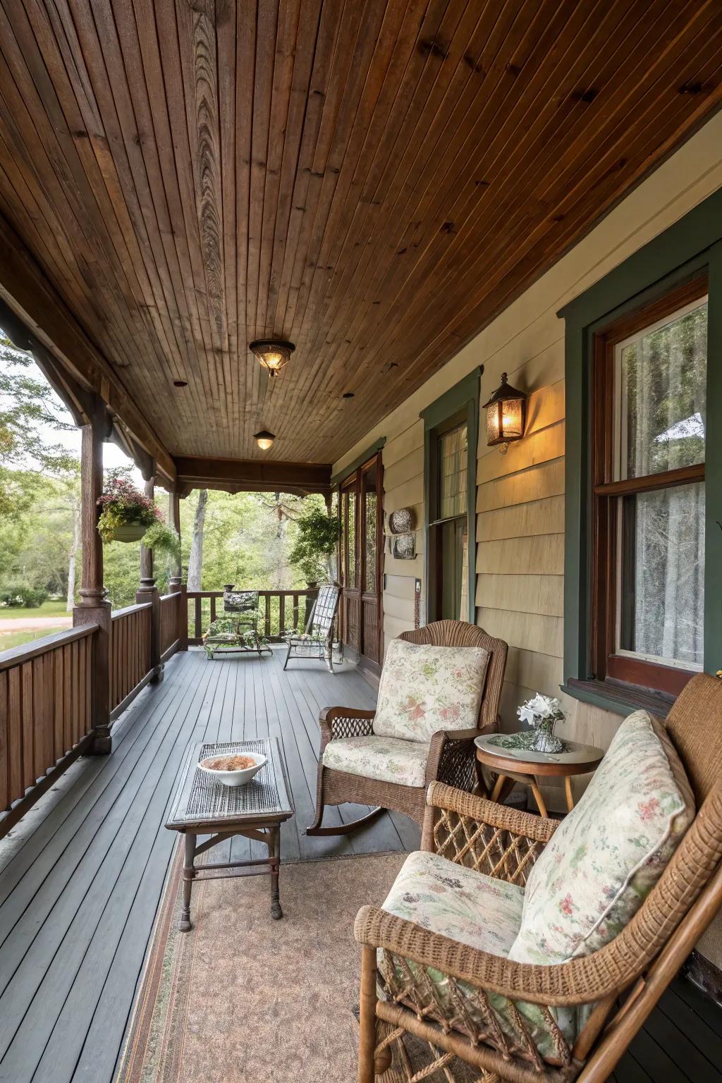 Classic wood paneling creates a warm and inviting porch atmosphere.