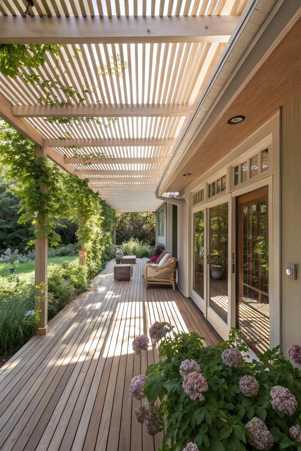 A pergola effect with plywood slats creates an airy porch atmosphere.
