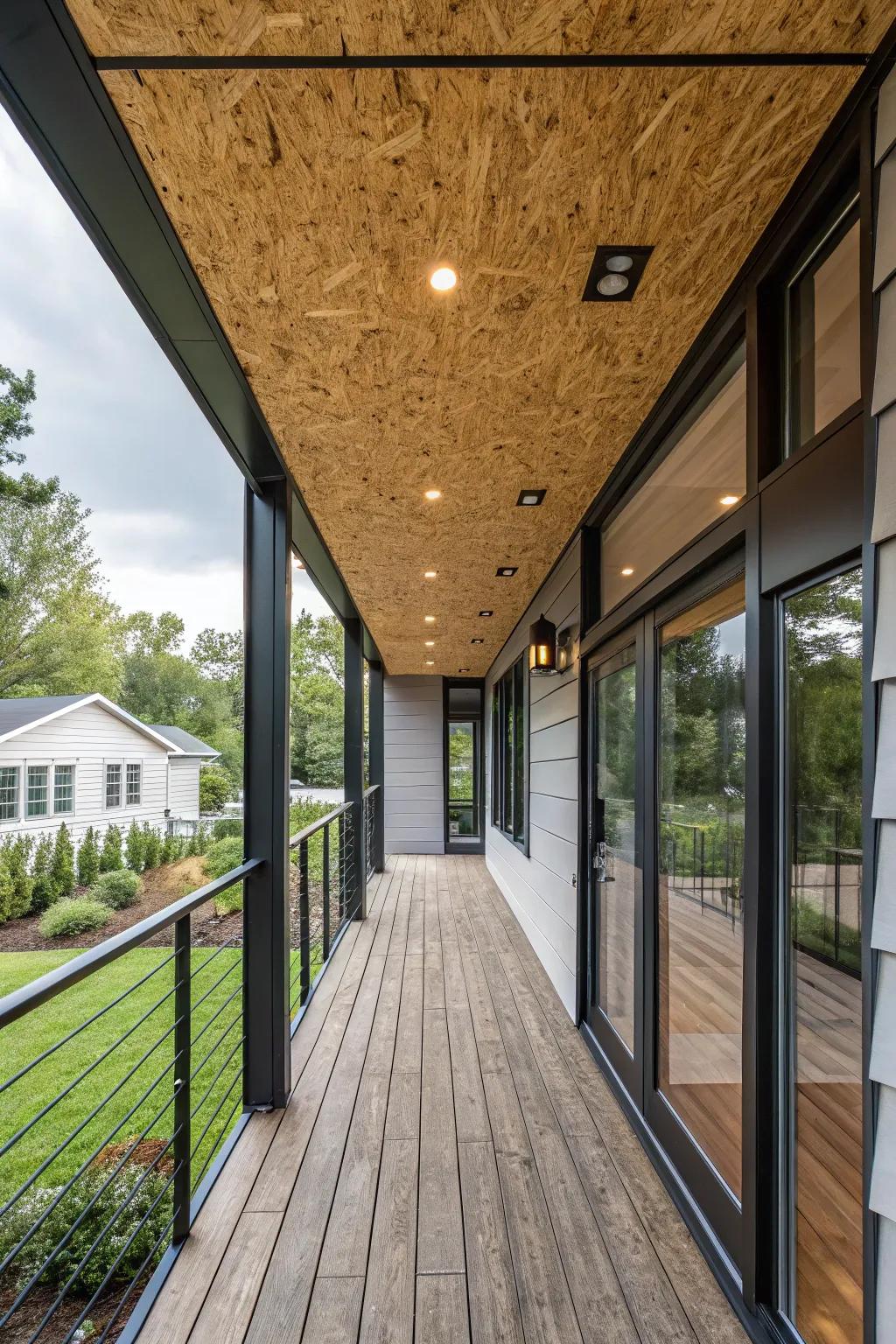 Mixing materials creates a chic and modern contrast on your porch ceiling.