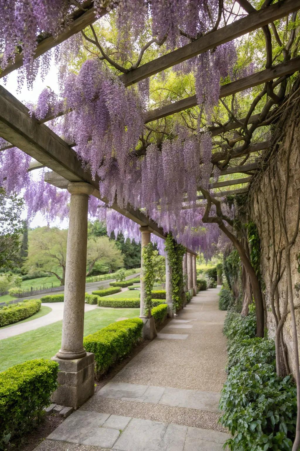Create a fairytale pergola with the enchanting blooms of wisteria.