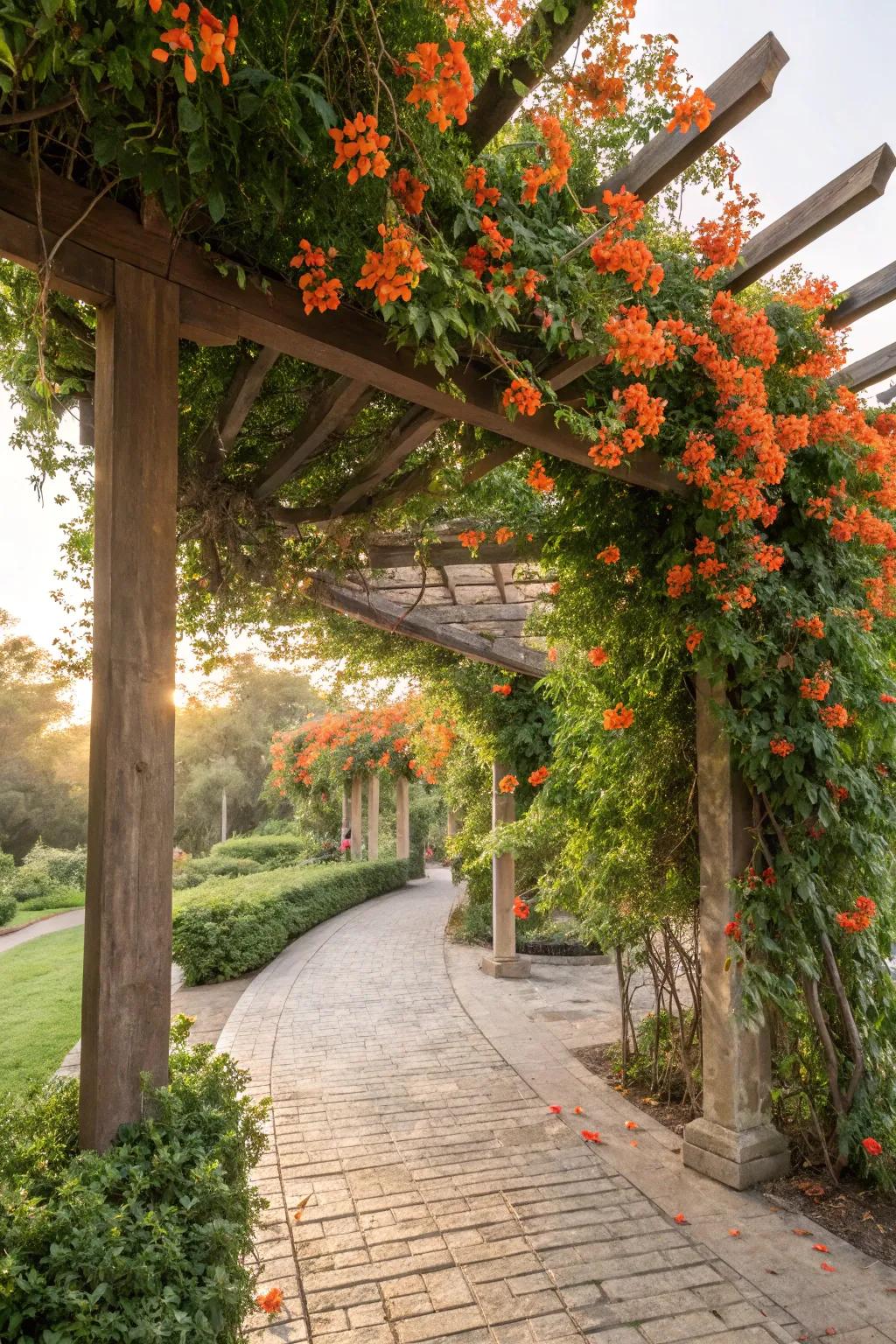 Create a tropical escape with trumpet vines on your pergola.