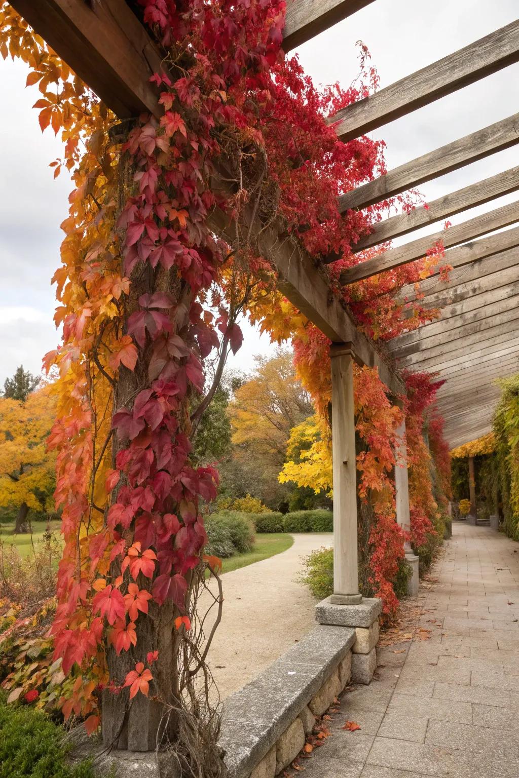 Celebrate autumn with the fiery colors of crimson glory vine on your pergola.