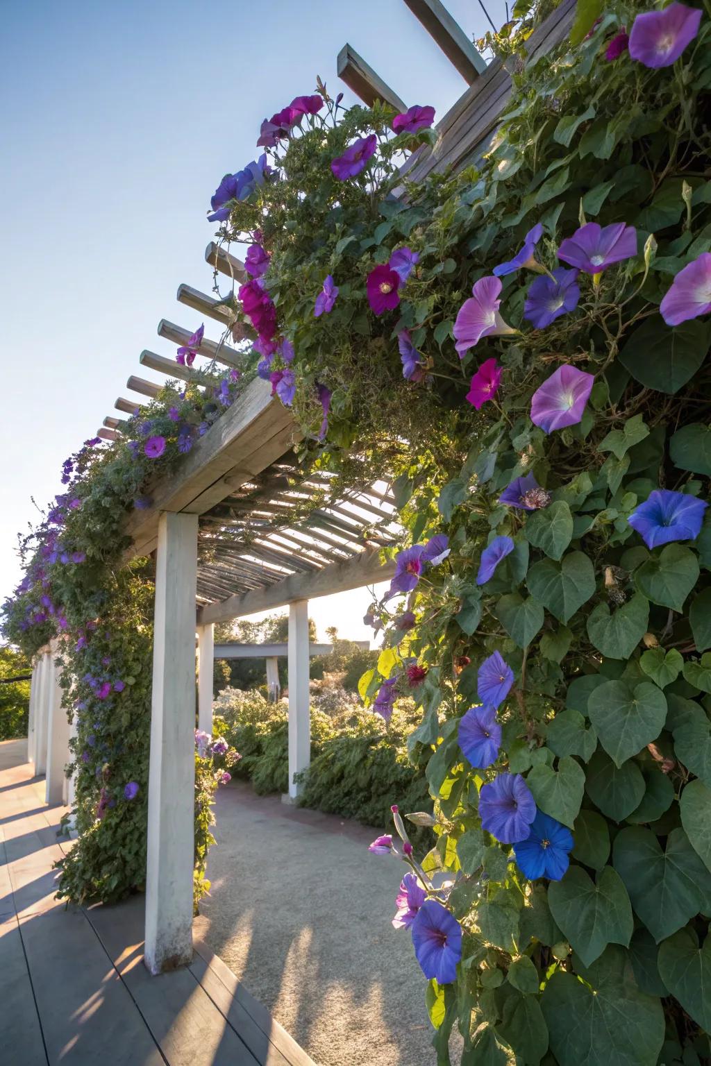 Start your day with morning glories brightening your pergola.