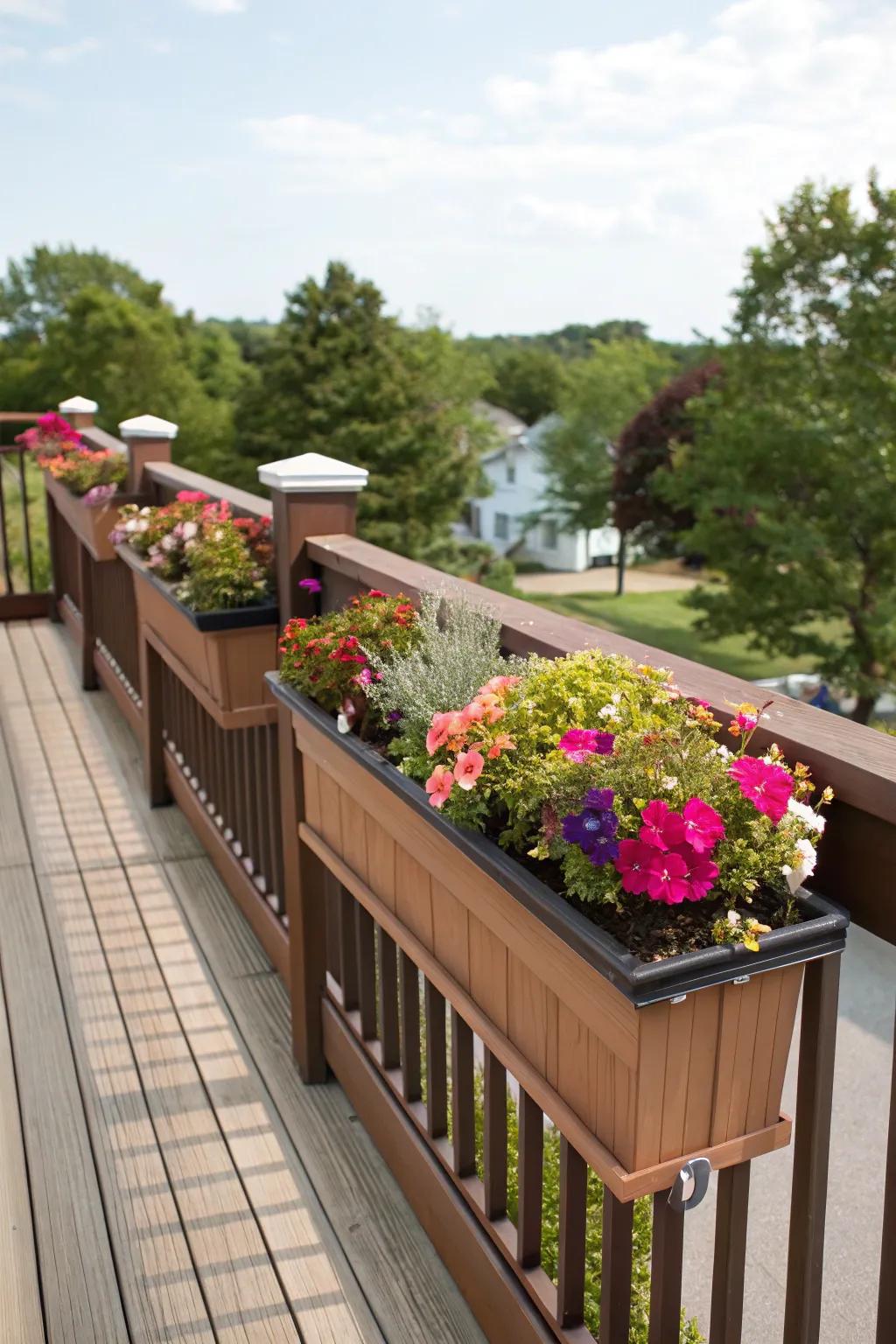 Planter boxes bring a splash of greenery to your deck railing.