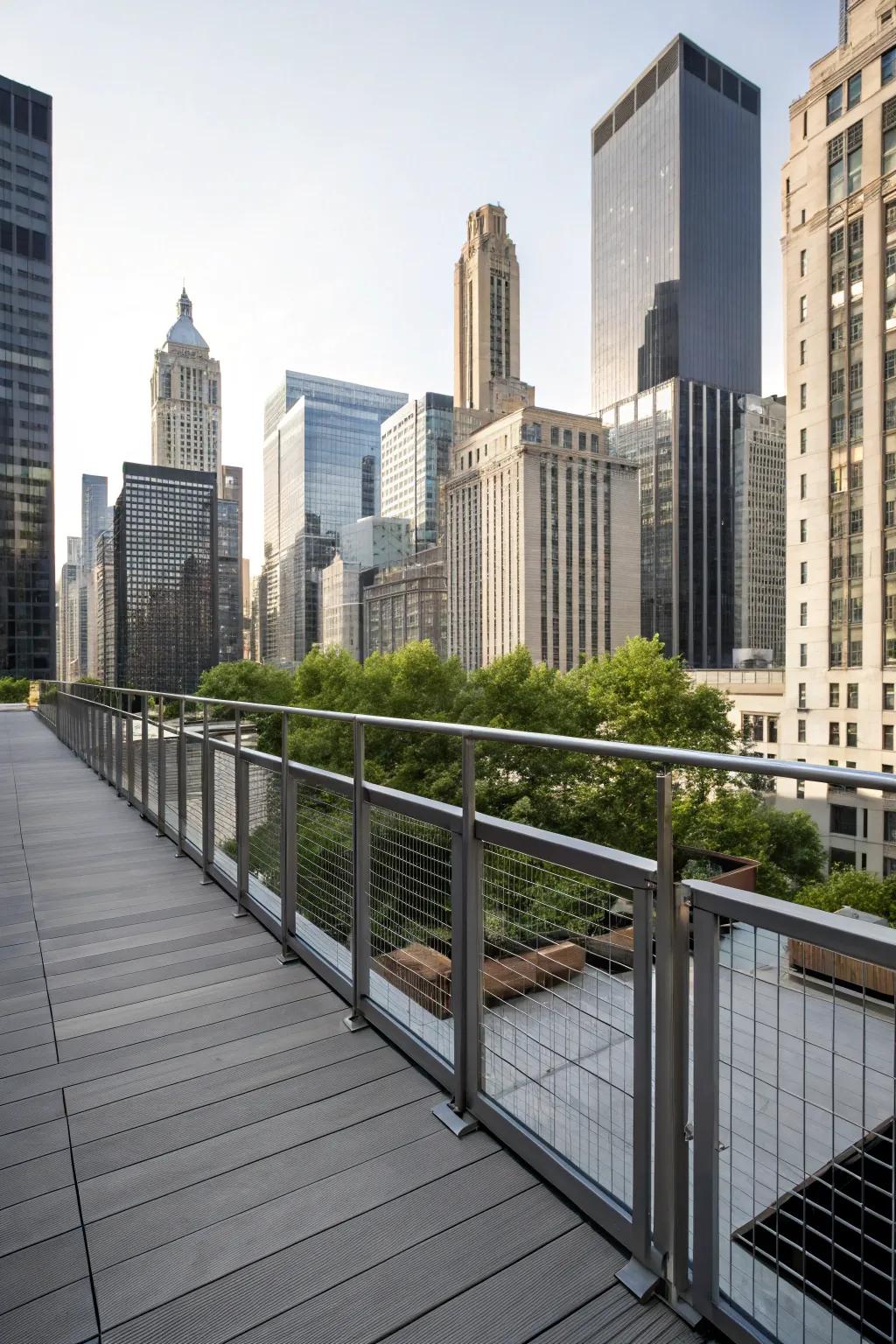 Rectangular metal box railings add artistic flair to modern decks.