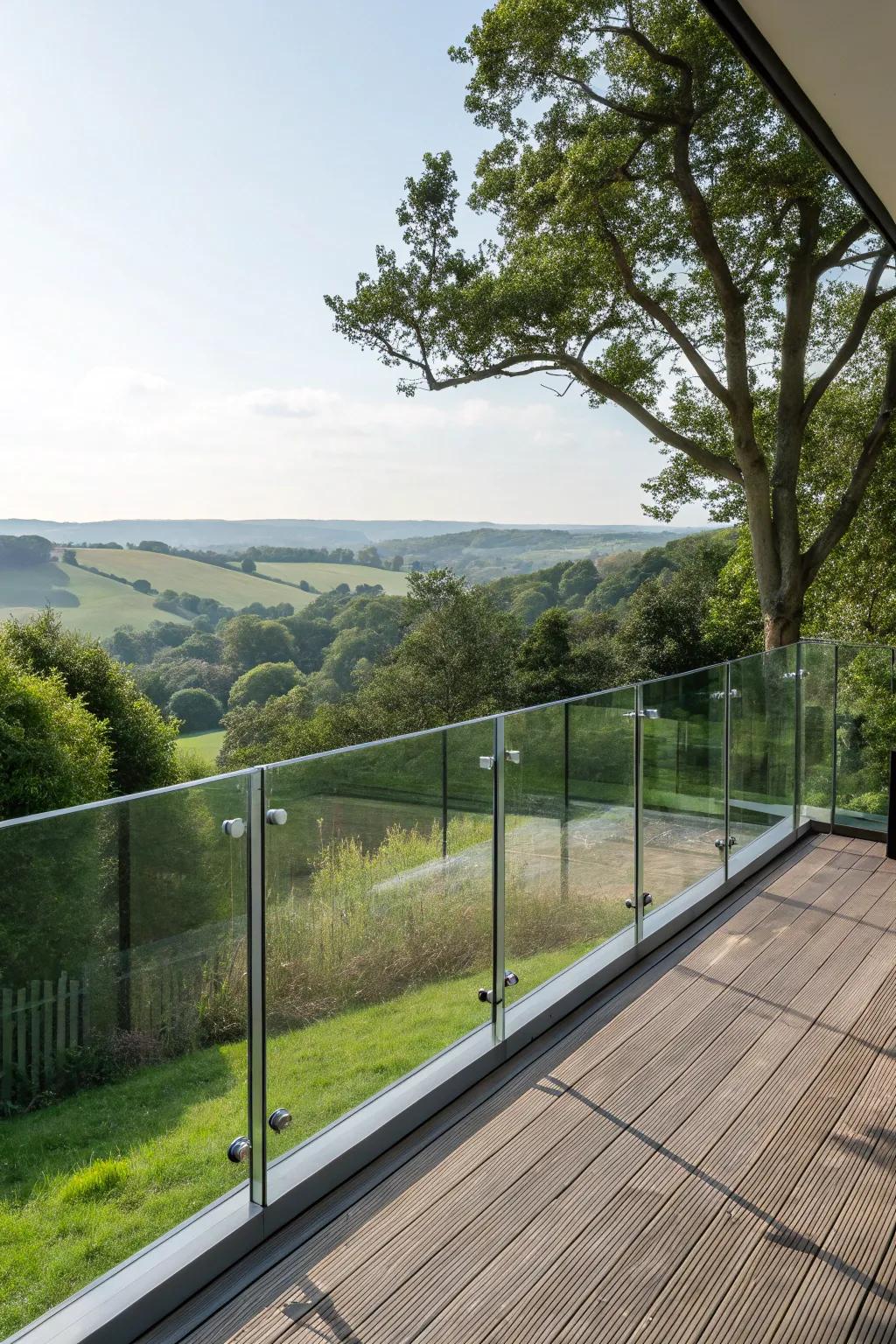 Frameless glass railings offer modern elegance and clear views.