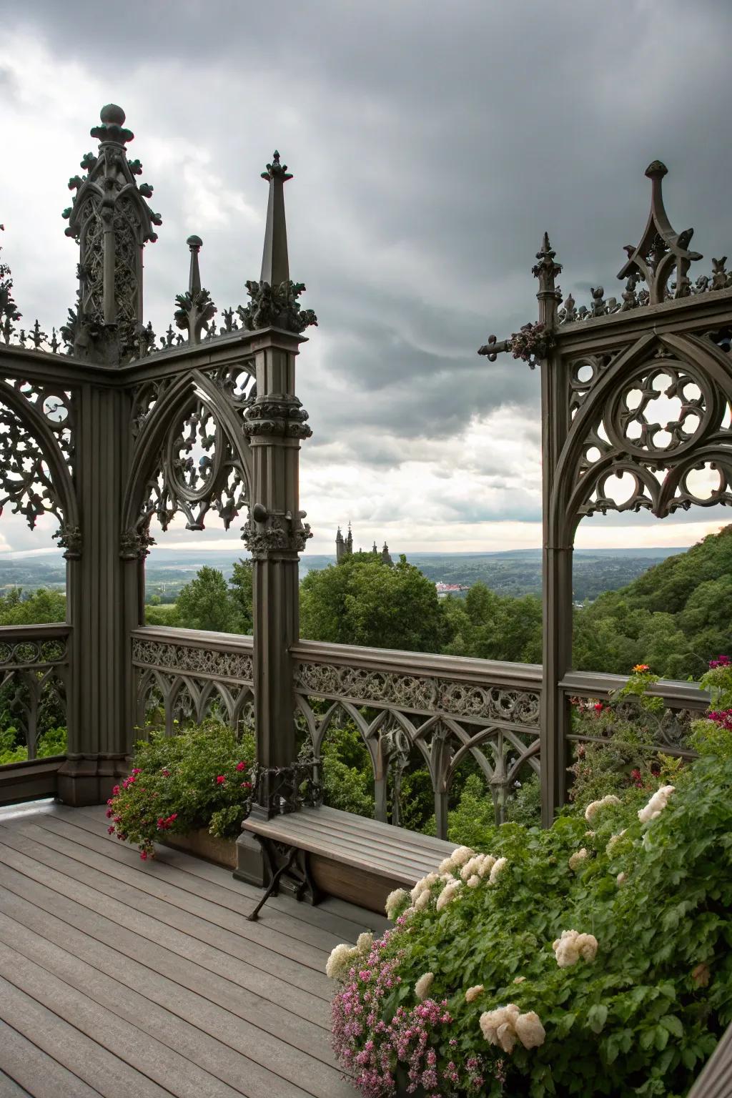 Gothic-style metal railings offer dramatic and timeless elegance.