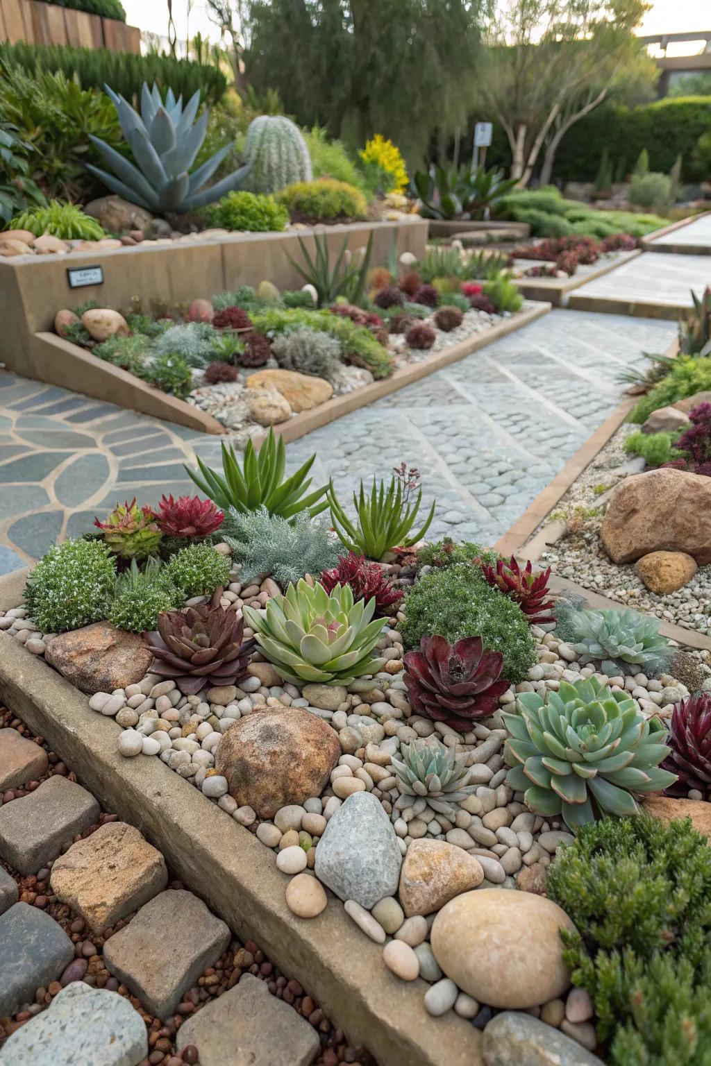 Symmetrical rock gardens providing a unique visual element.