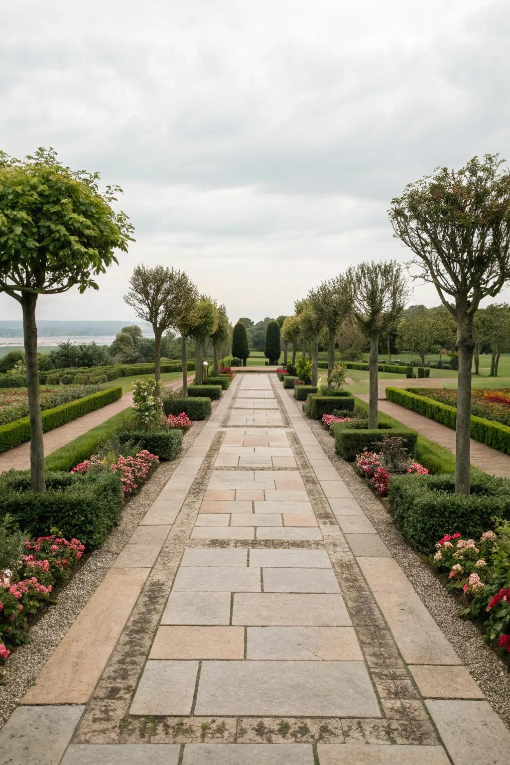 A dramatic central pathway with balanced landscaping.
