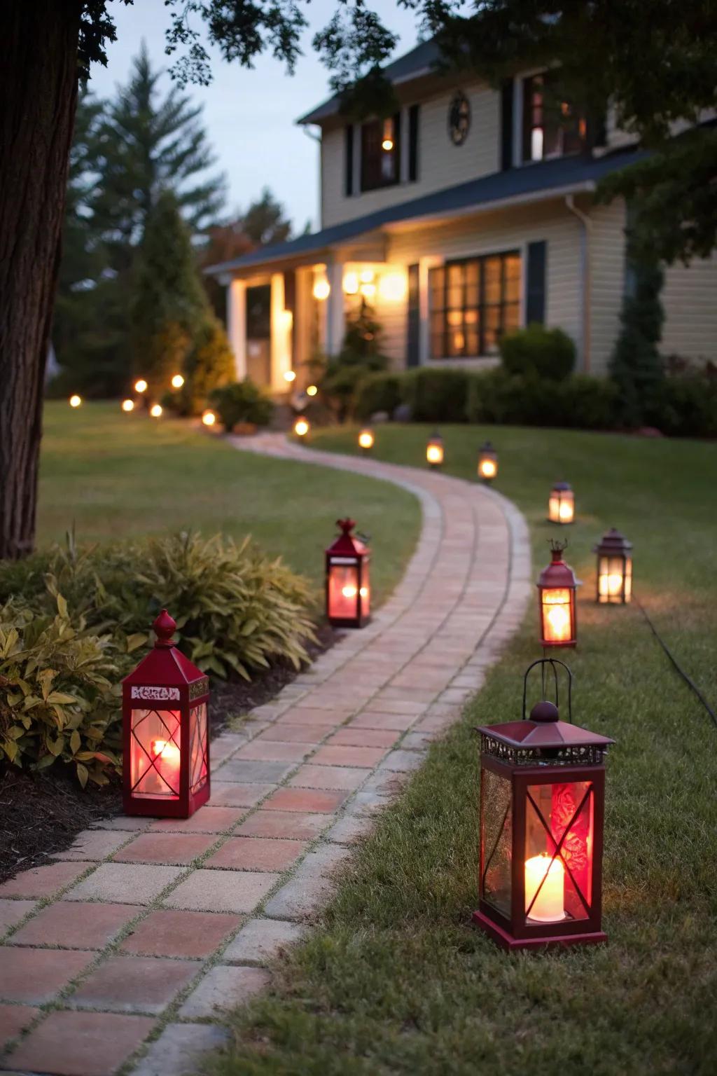 Symmetrical lanterns enhancing the pathway.
