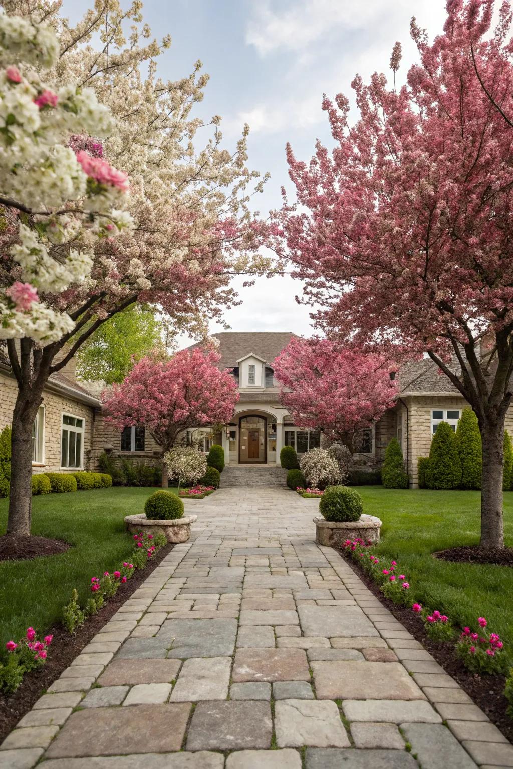 Flowering trees adding color and symmetry.