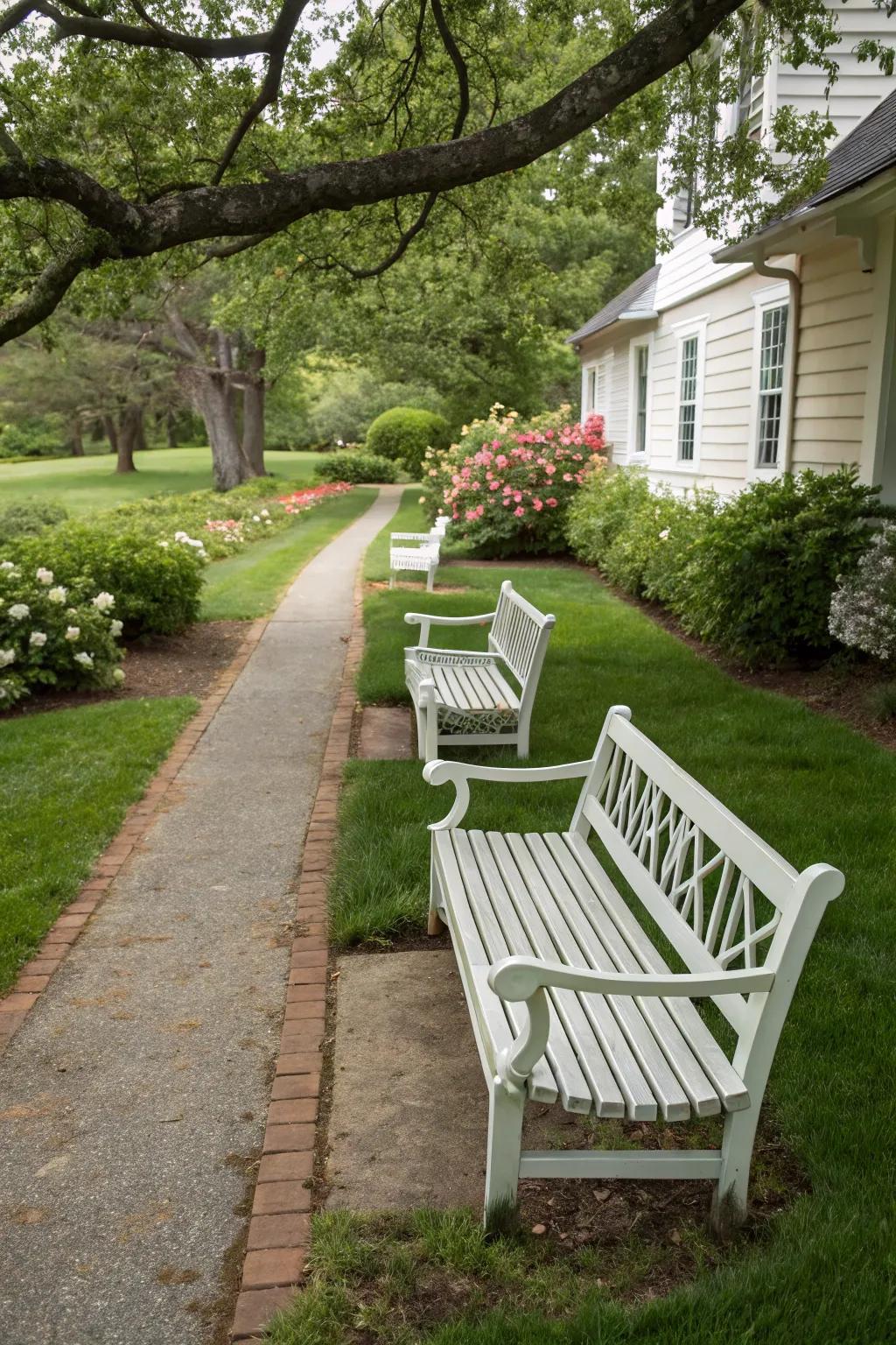 Symmetrical benches inviting relaxation and conversation.
