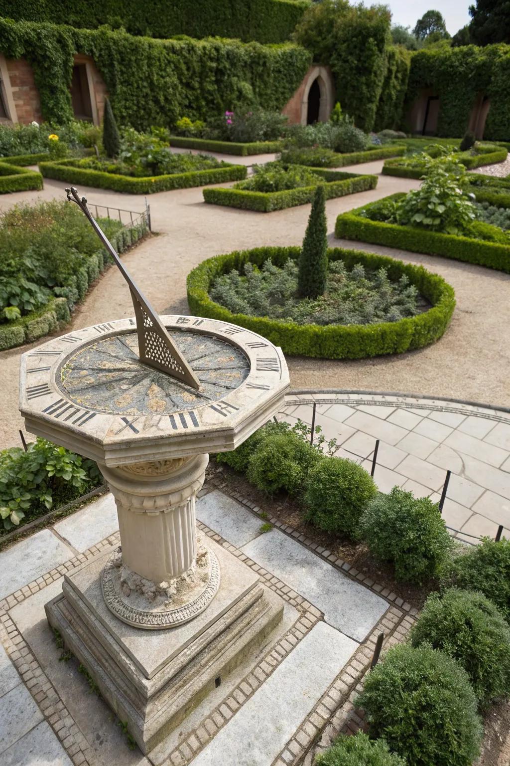 A focal point sundial creating a harmonious centerpiece.