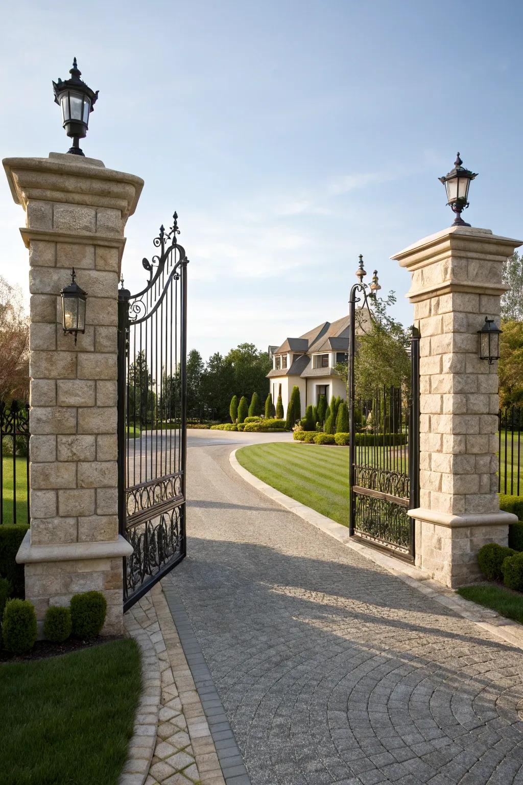 Stone pillars provide a sturdy and elegant frame for driveway gates.