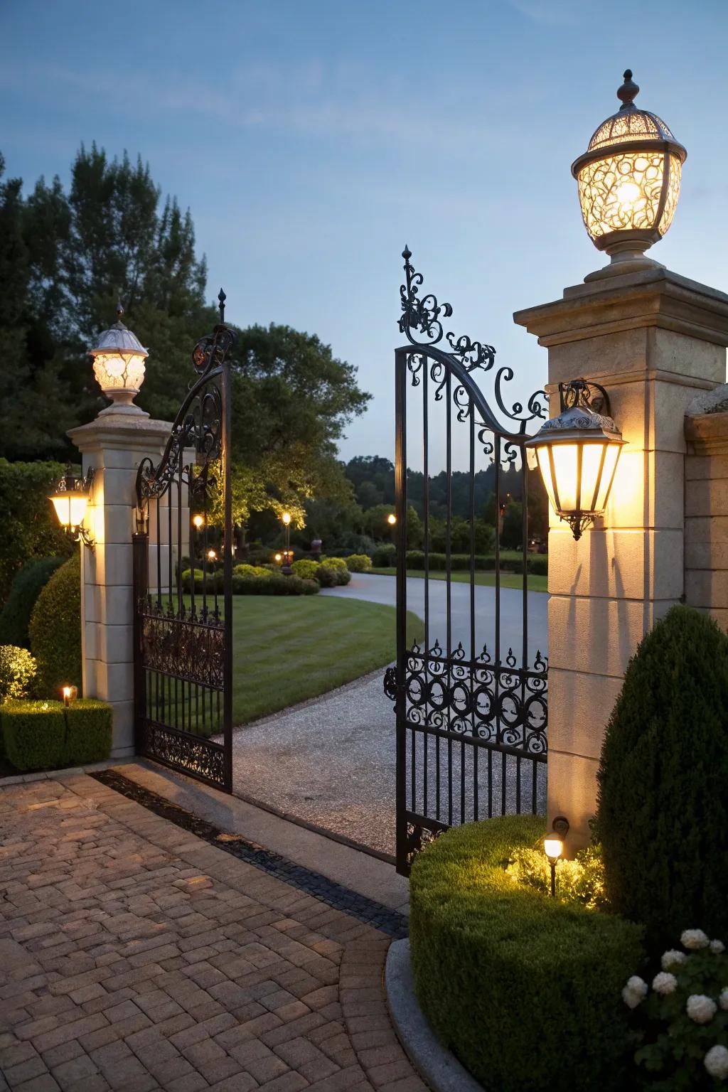 Lighting fixtures enhance the beauty and safety of your gate.