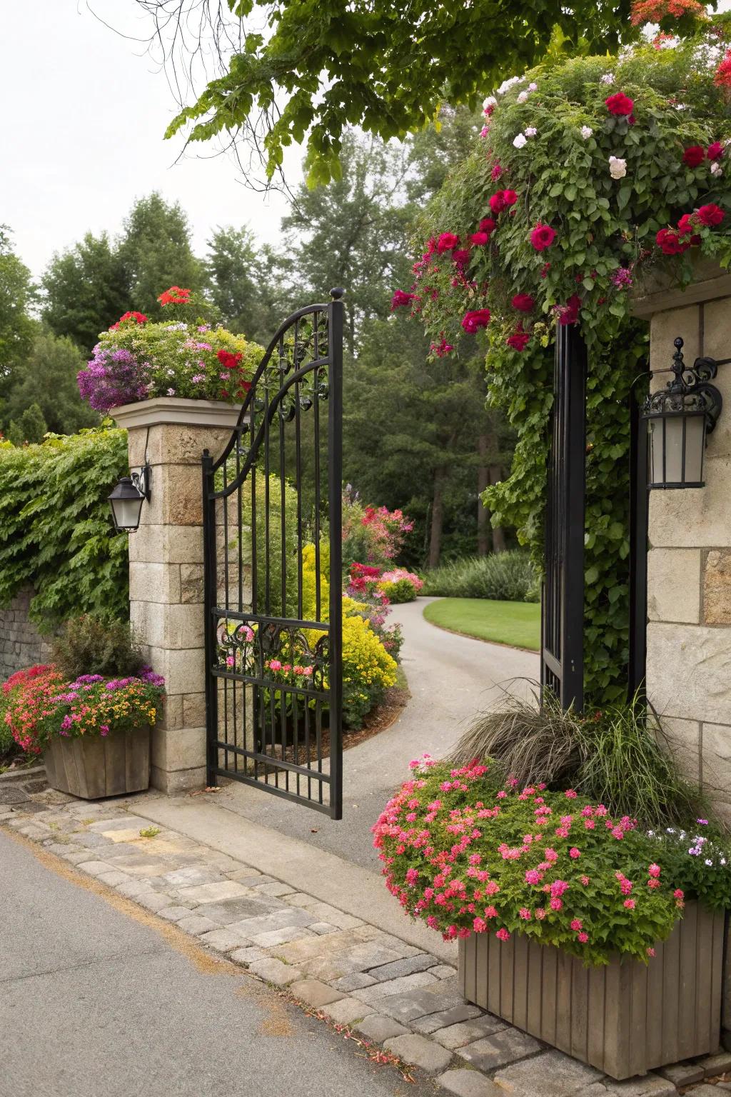 Integrated planters bring color and life to your driveway gate.