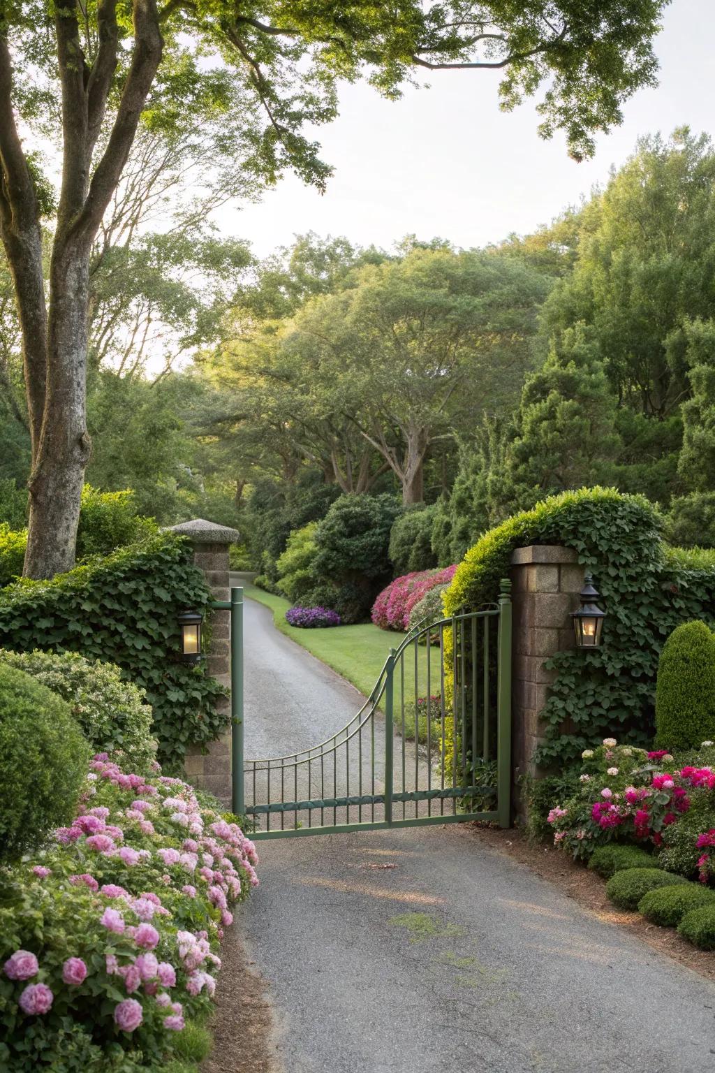 A gate that blends with nature creates a seamless and inviting entrance.
