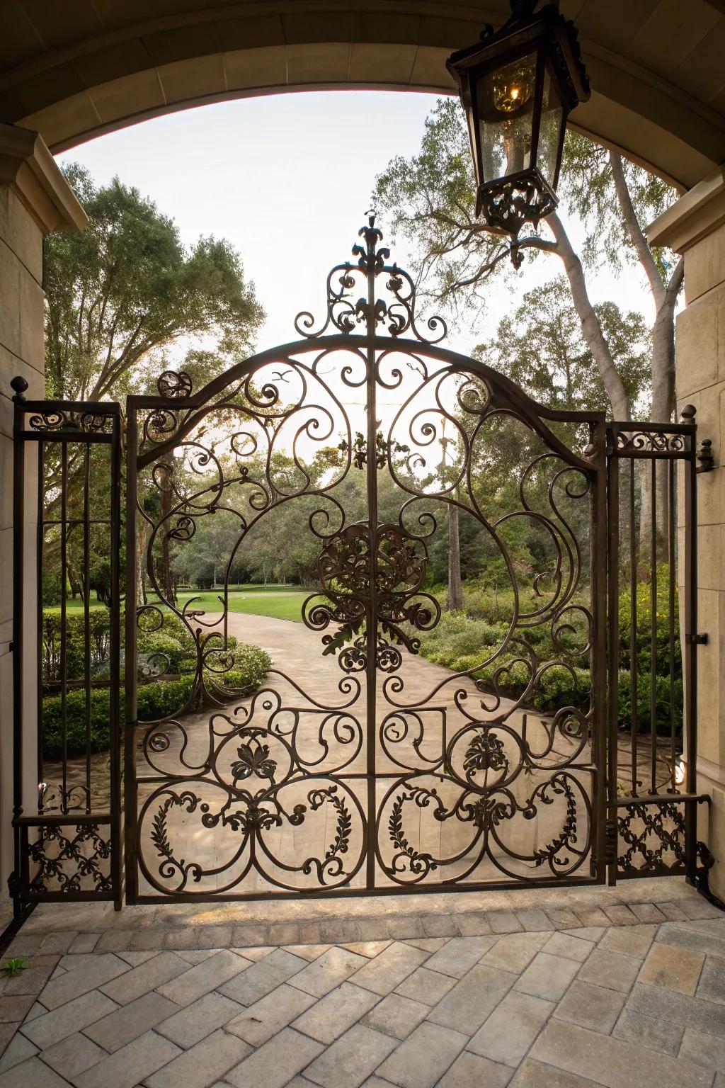 Artistic ironwork transforms a gate into a captivating focal point.