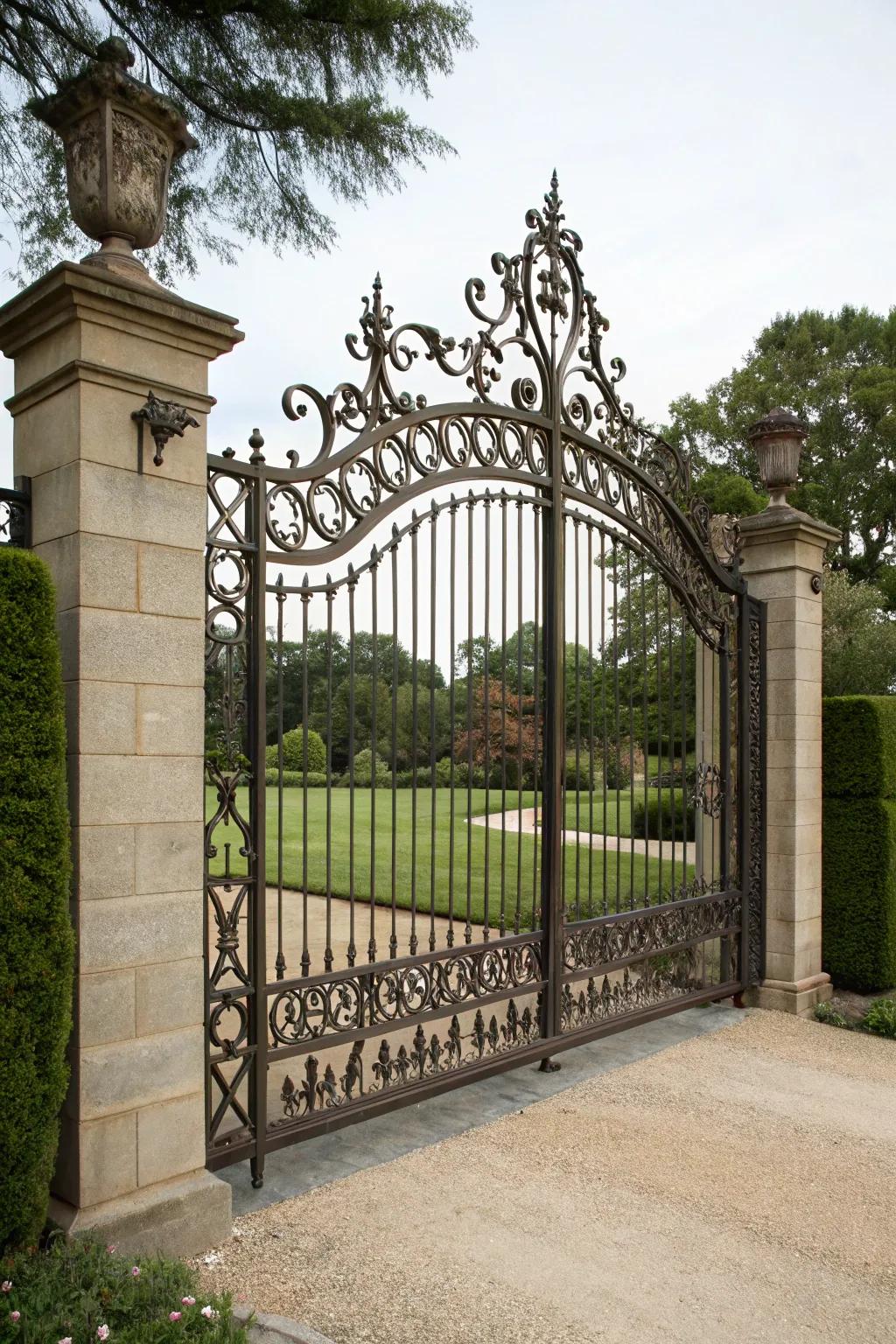 Wrought iron gates blend traditional craftsmanship with modern style.