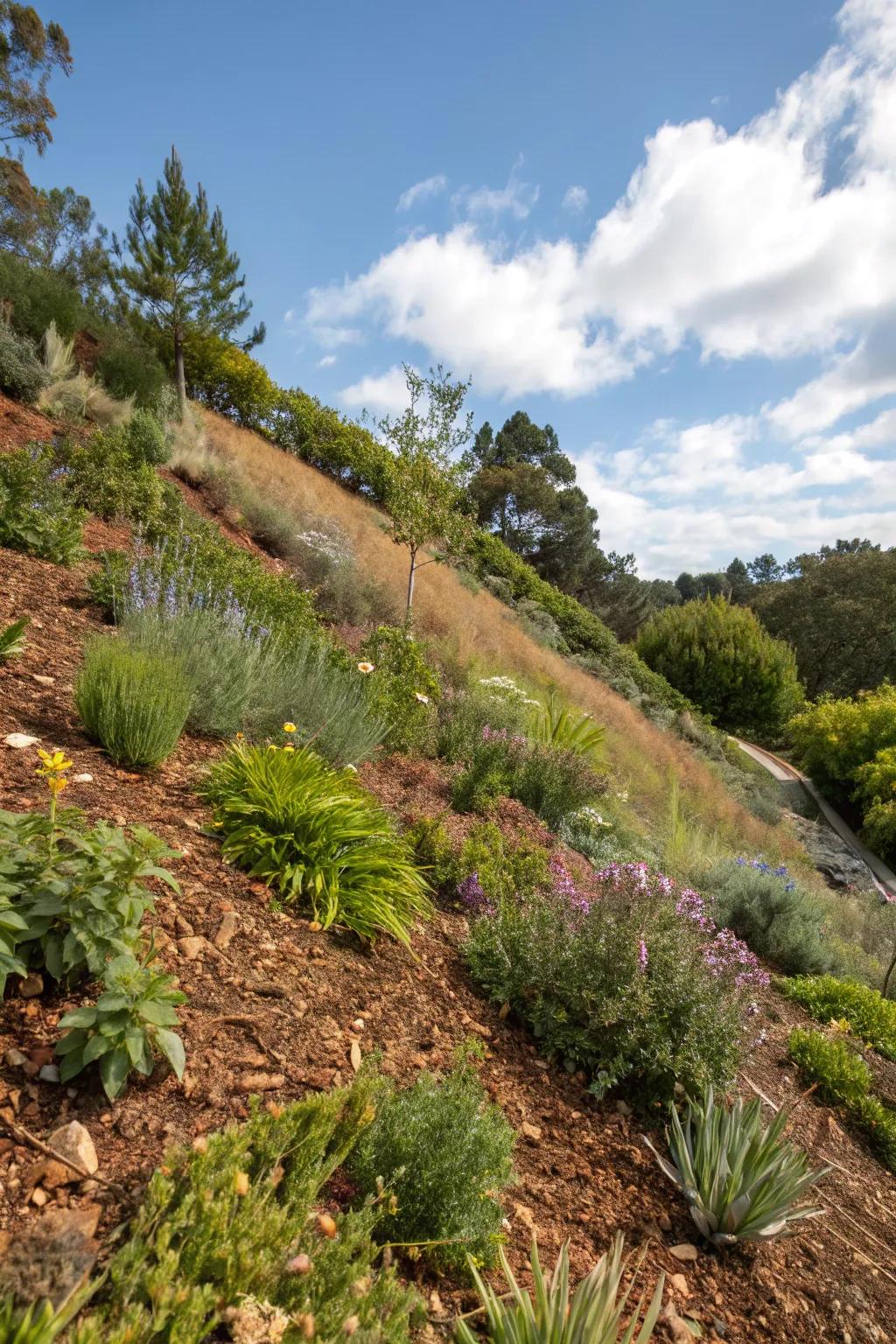 Native plants offer a low-maintenance, natural look for your hillside.