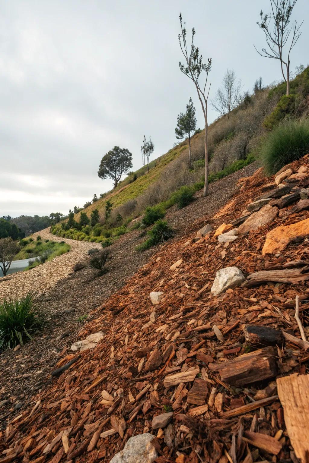A mix of mulch materials creates texture and visual interest.