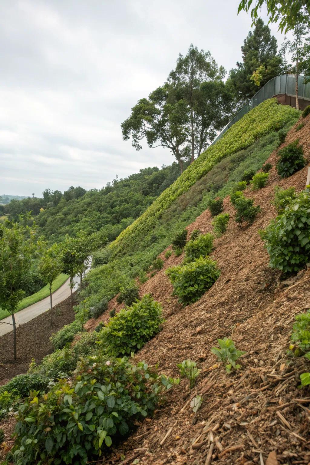 Erosion control with mulch and plants ensures a stable hillside.