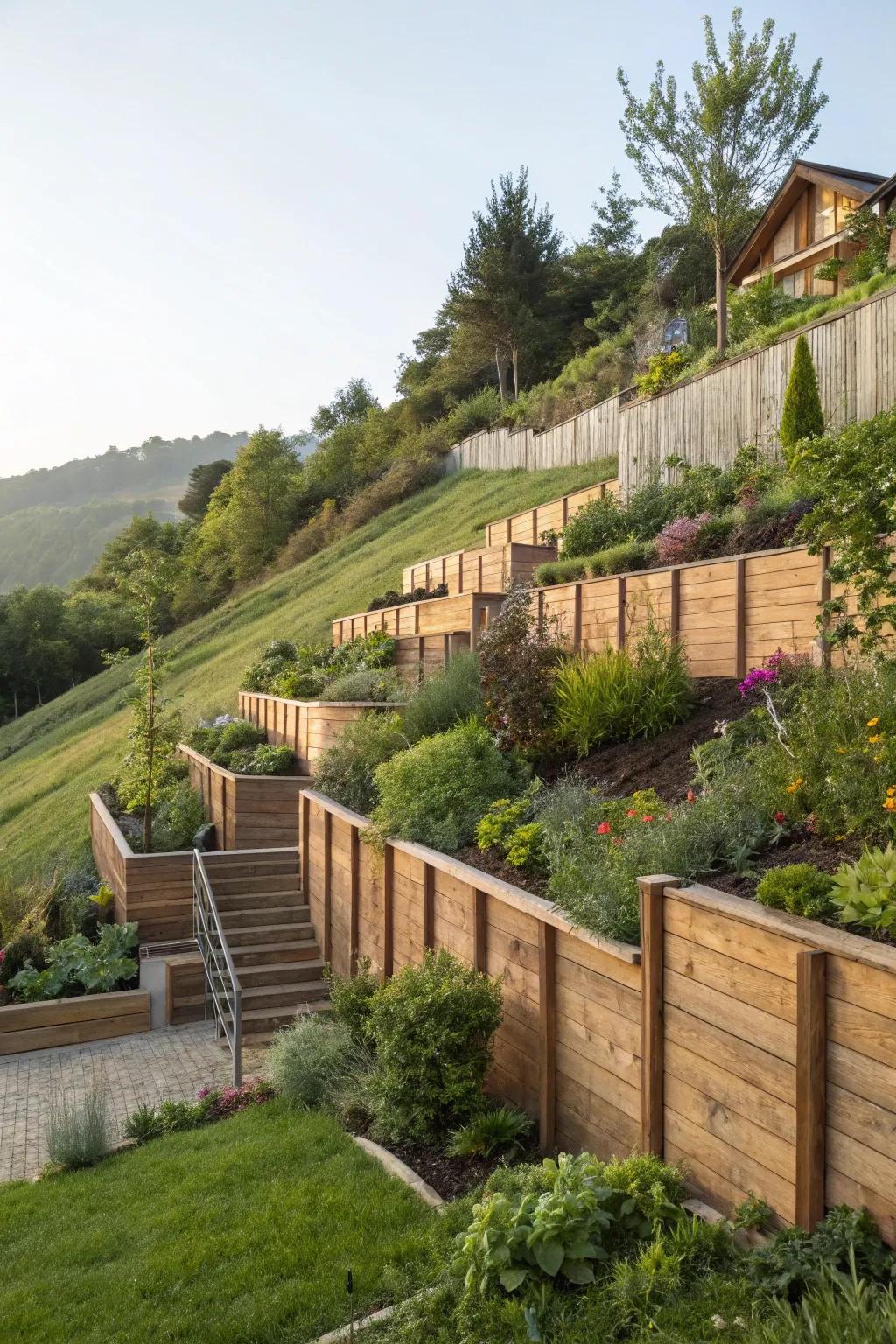 Timber terraces transform a steep hillside into a structured garden oasis.