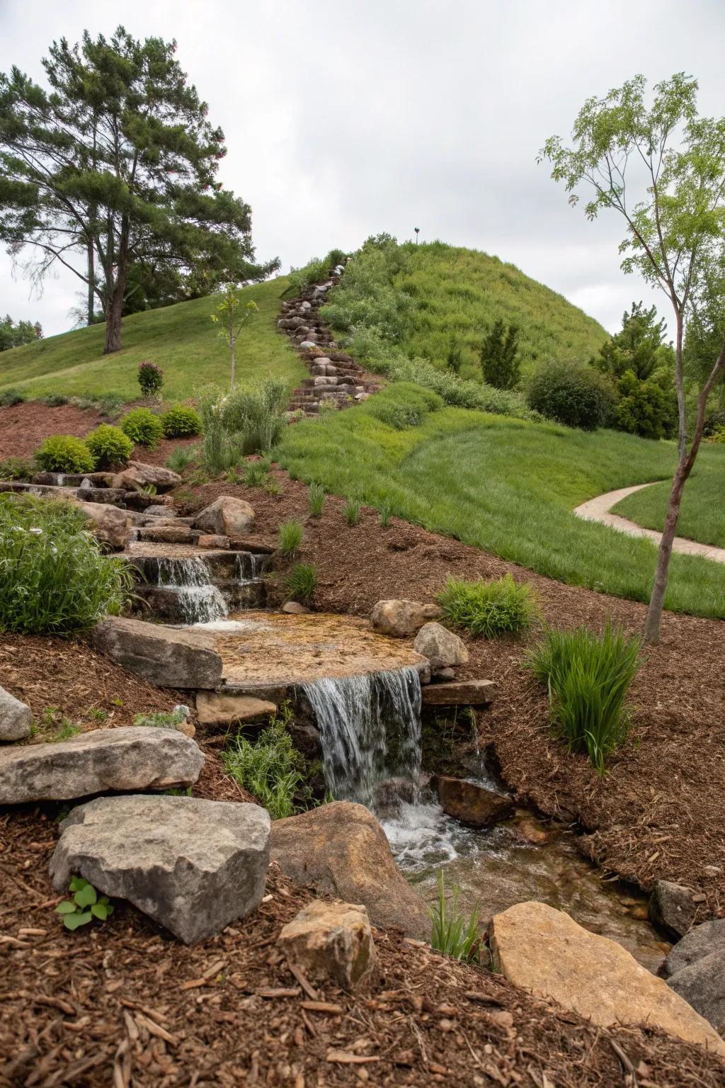 A water feature adds tranquility and beauty to a hillside.