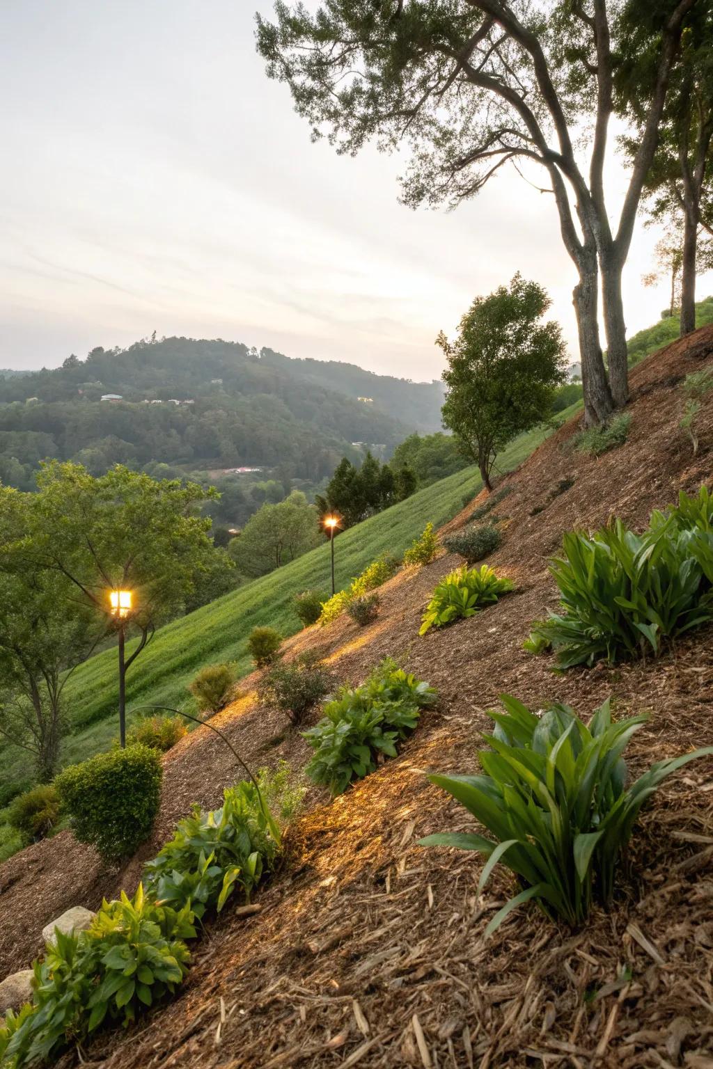 Lighting enhances the beauty and safety of a hillside at night.