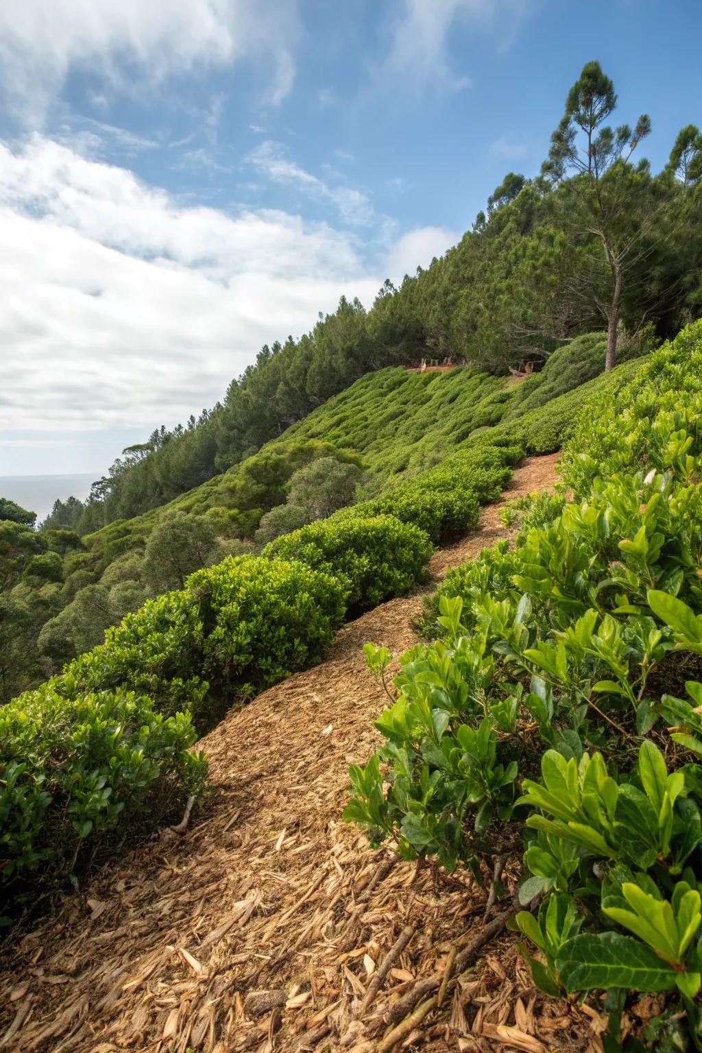 Lush greenery creates a full and inviting hillside landscape.