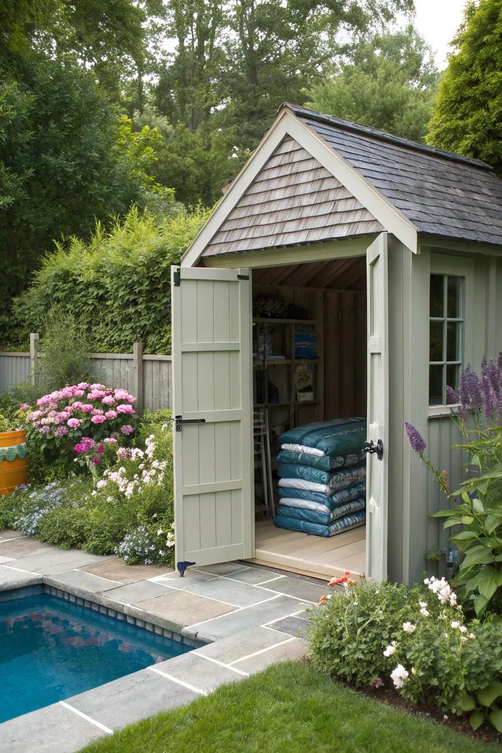 A garden shed offers organized and concealed storage for your pool cover.