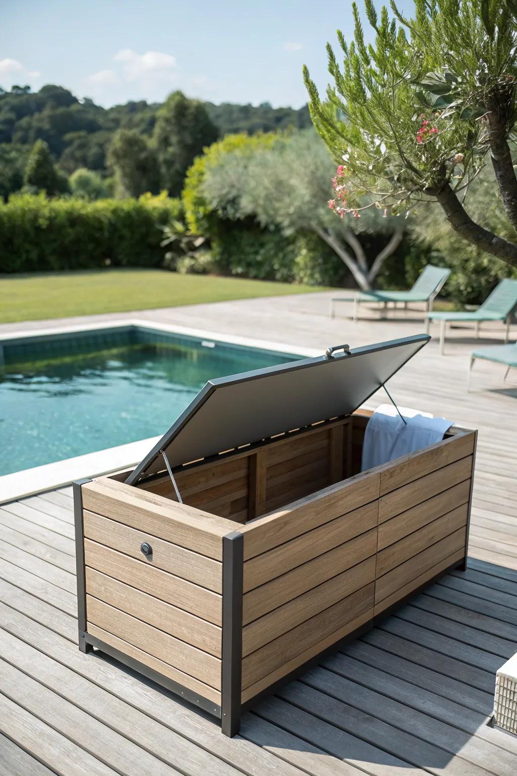 A deck box keeps your pool cover out of sight and easily accessible.