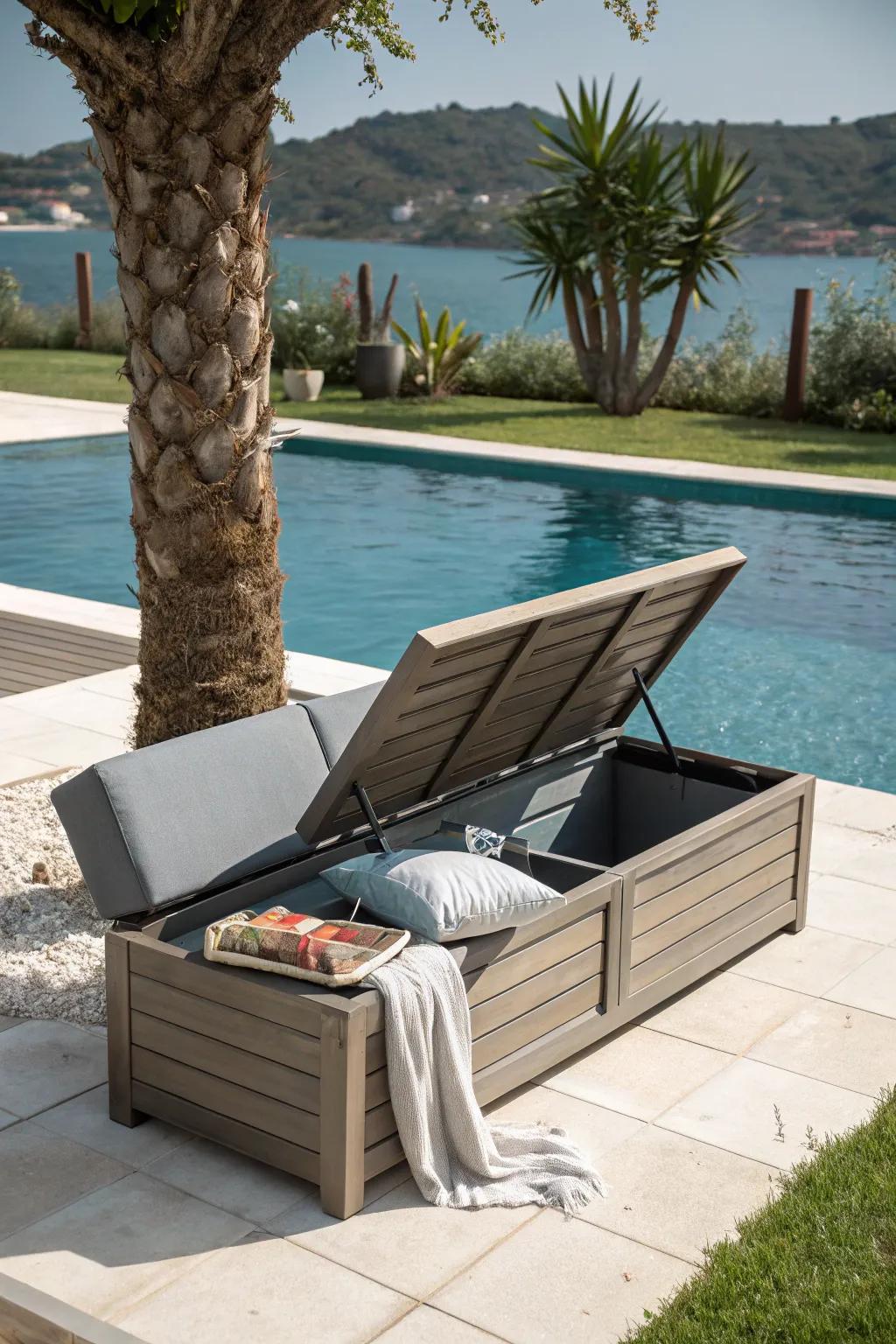 A bench with storage adds both functionality and style to your pool area.