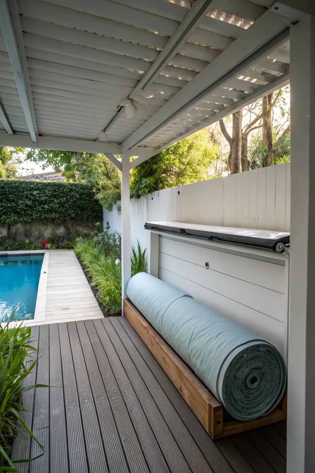 An under-deck nook provides hidden storage for your pool cover.