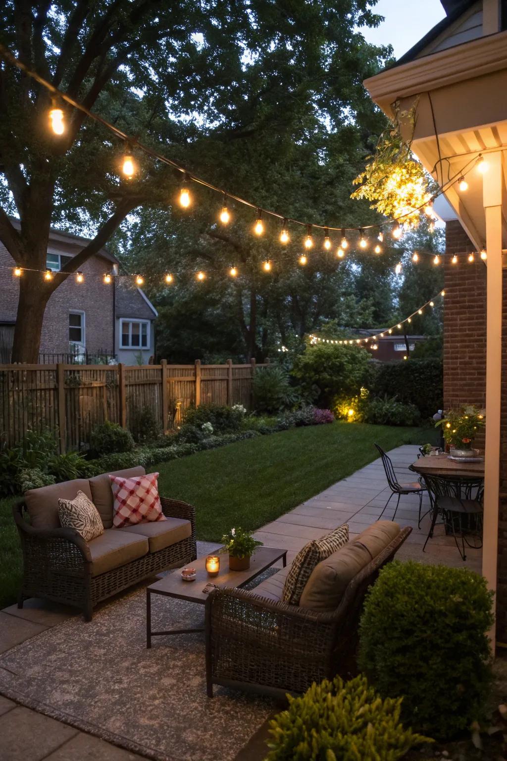 String lights create a magical ambiance perfect for evening relaxation
