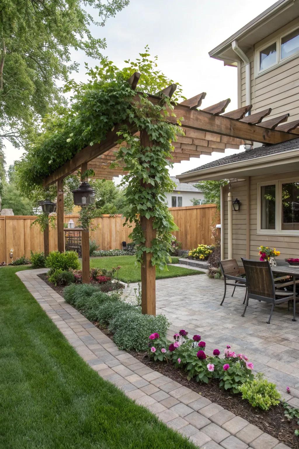 A pergola offers shade and a framework for greenery
