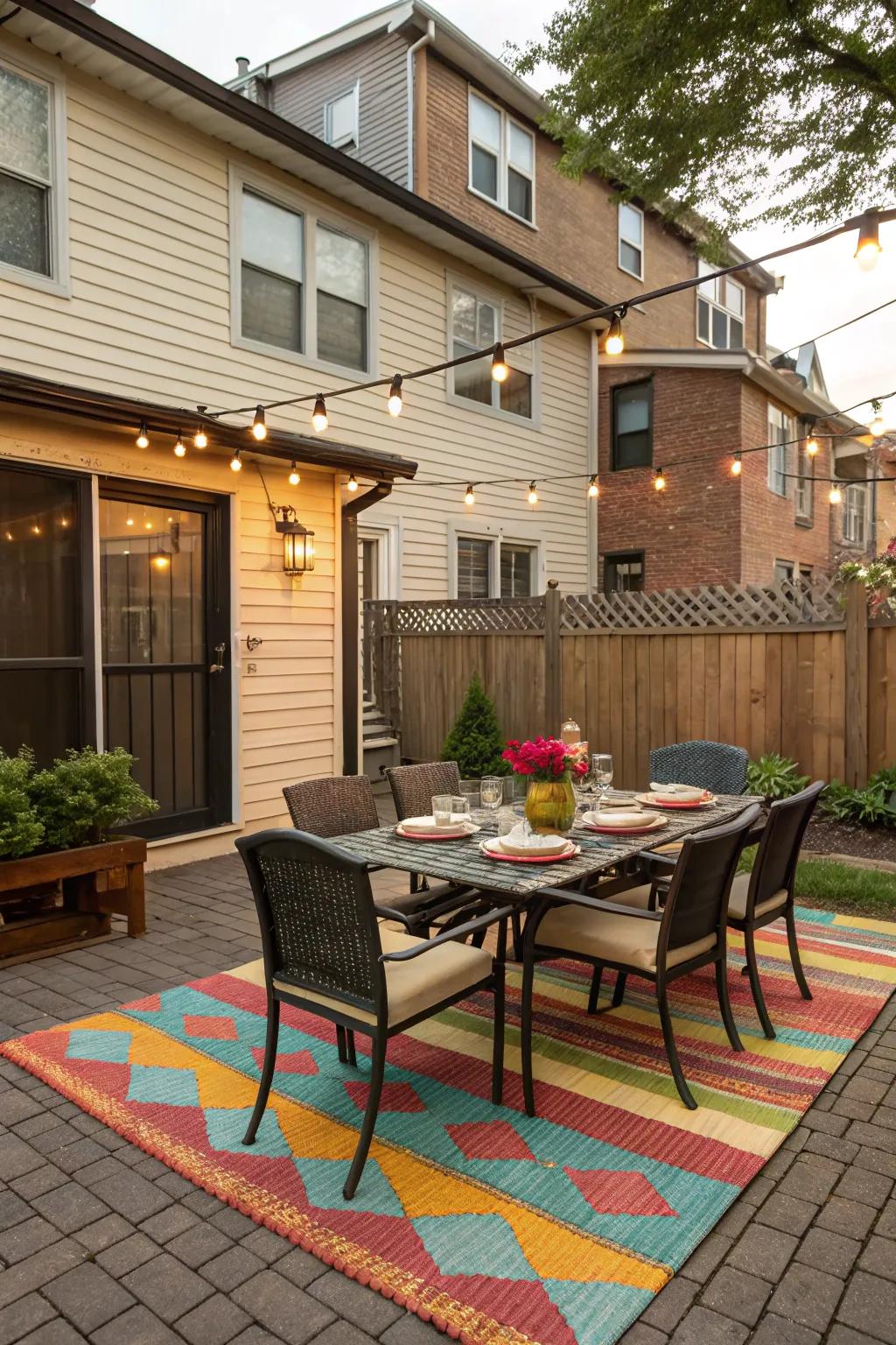 Decorative outdoor rugs add color and define spaces beautifully