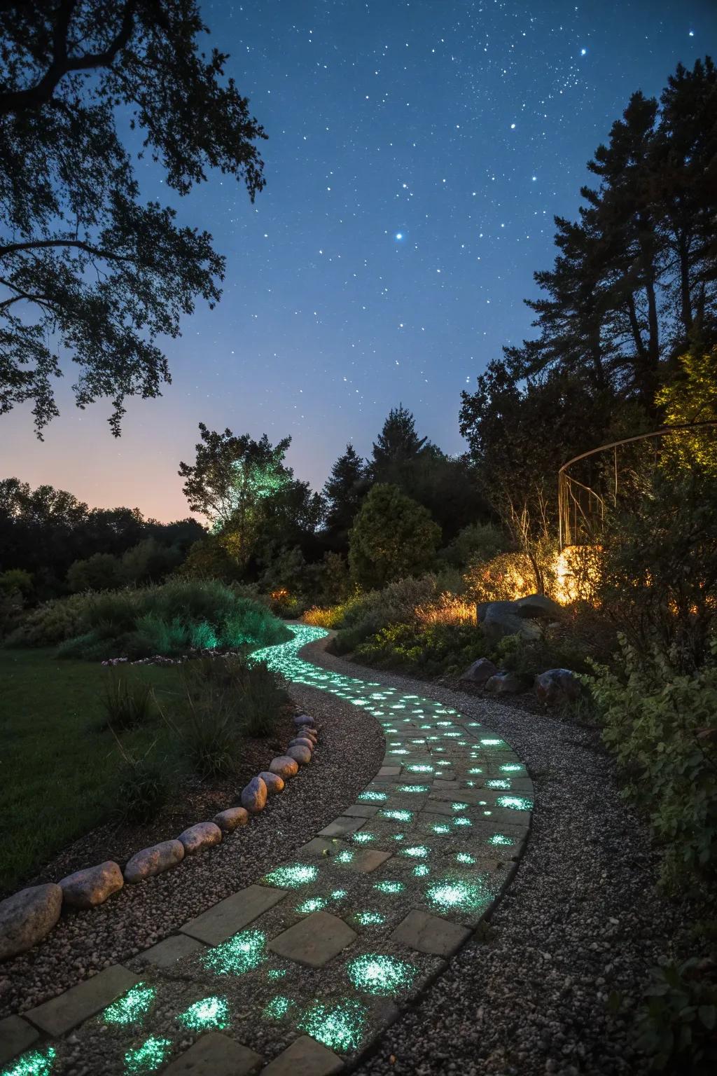Glow-in-the-dark pebbles create a magical nighttime path.