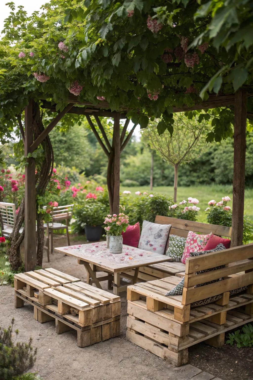 Pallet furniture offers rustic charm and sustainability.