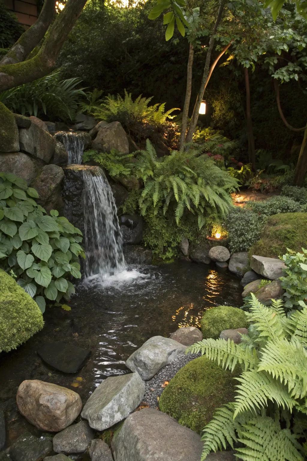A serene waterfall adds tranquility to your garden.