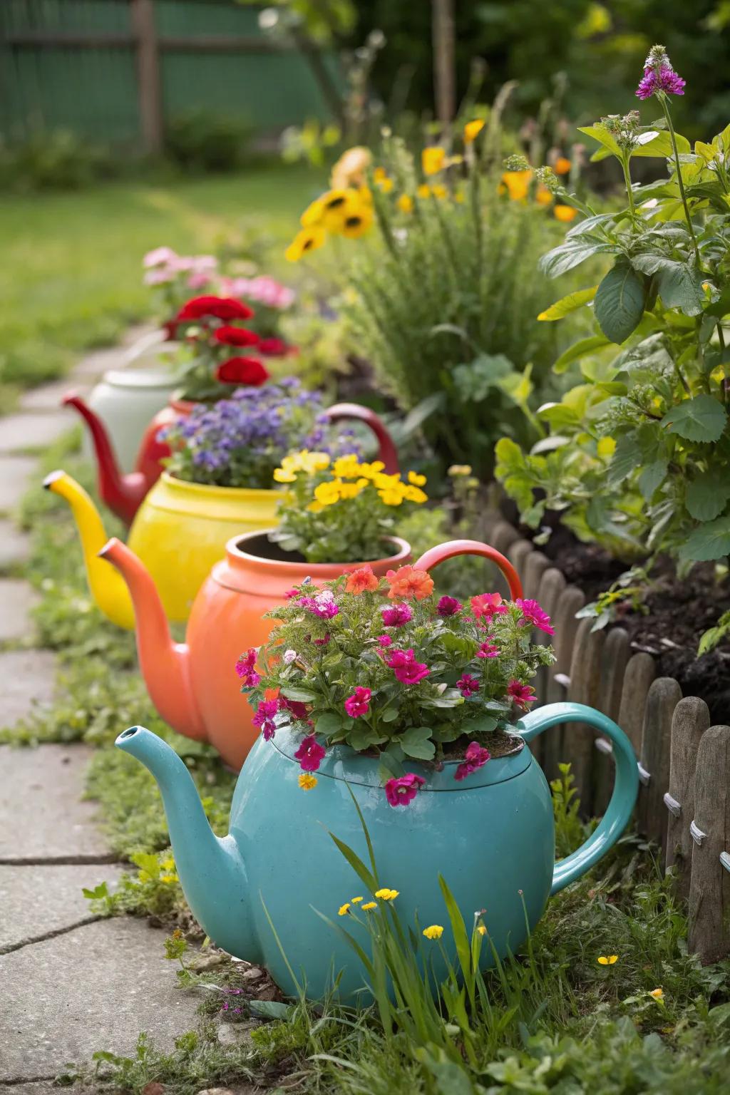 Teapot planters add a quirky touch to your garden.