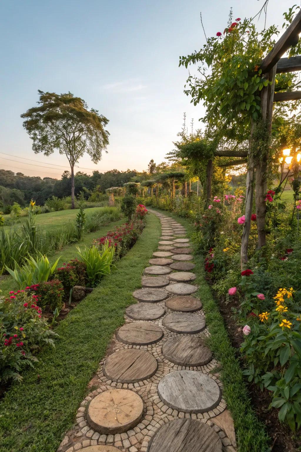 A wood slice path gives a rustic charm.