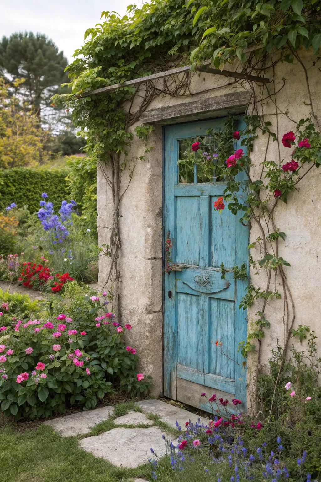 A vintage door creates a magical entrance to your garden.