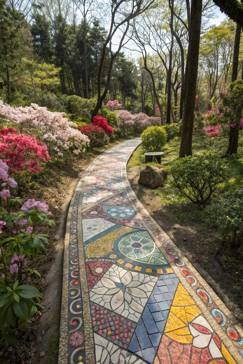 A mosaic pathway adds a splash of color and creativity.